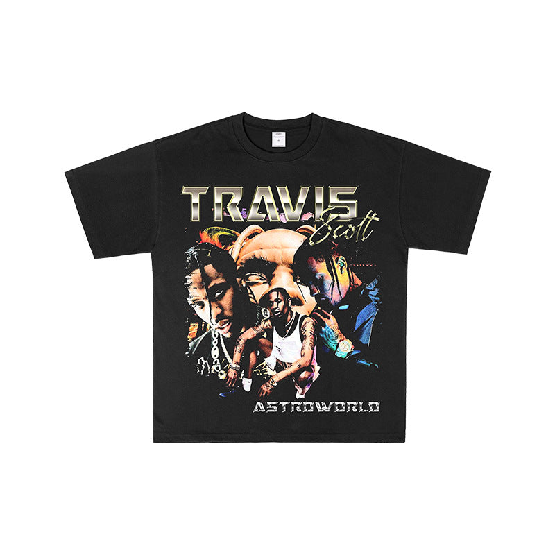 Asap Rocky T Shirts ASAP Travis Scott Print Short Sleeve Vintage Loose T-Shirt