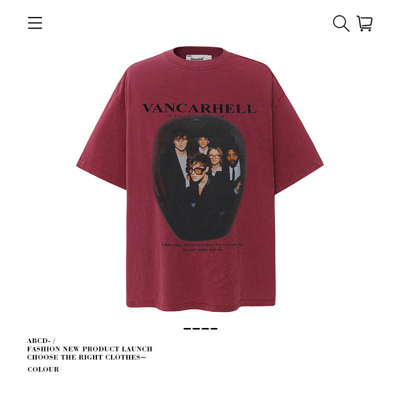 American vintage street T-shirt pure cotton retro men's and women's summer loose half sleeves