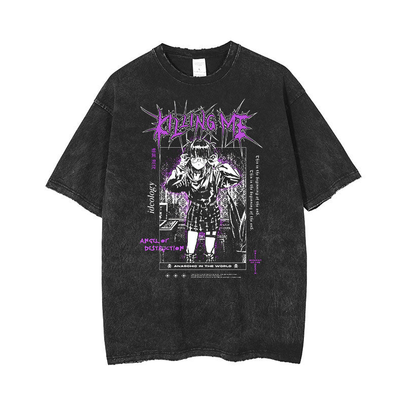 Anime Print Retro Washed Short Sleeved Loose