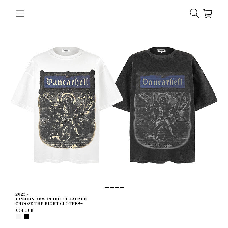 American vintage street T-shirt black summer loose
