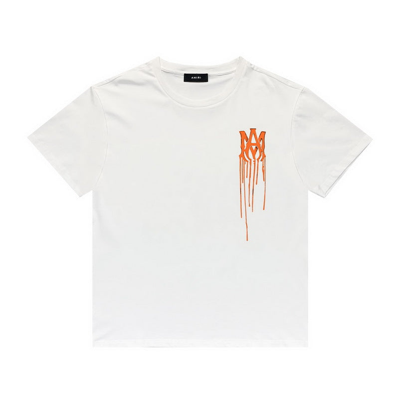 Amiri T Shirt Orange Splash Paint Printed Casual Round Neck