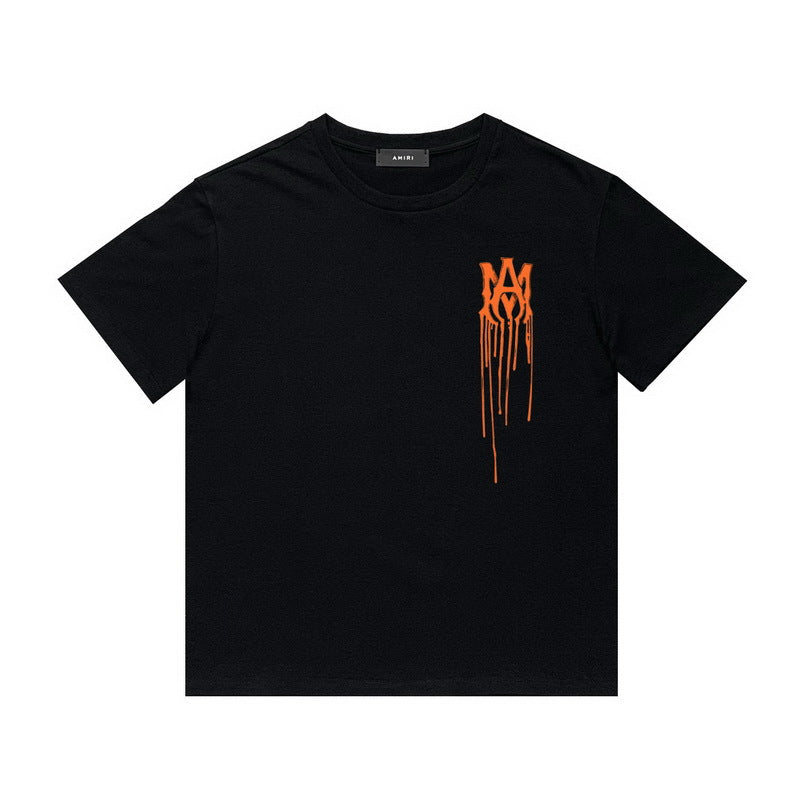 Amiri T Shirt Orange Splash Paint Printed Casual Round Neck