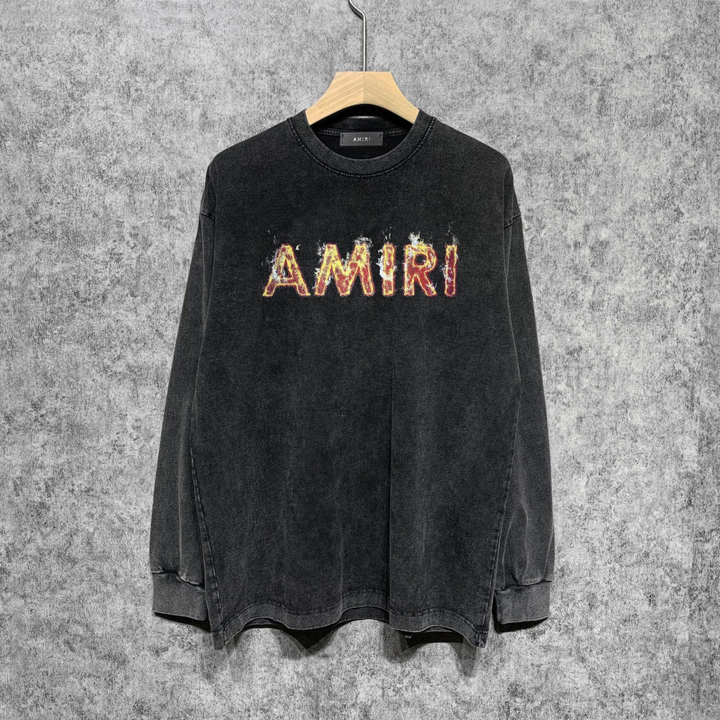 Amiri Long Sleeved Shirt Long-Term Available European and American Fashion Brand Vintage T Shirt Washed and Worn Retro Long-Sleeved T-shirt