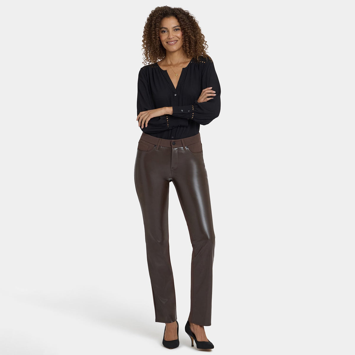 Vegan Stretch Leather Marilyn Straight Pants In Petite - Coffee Bean
