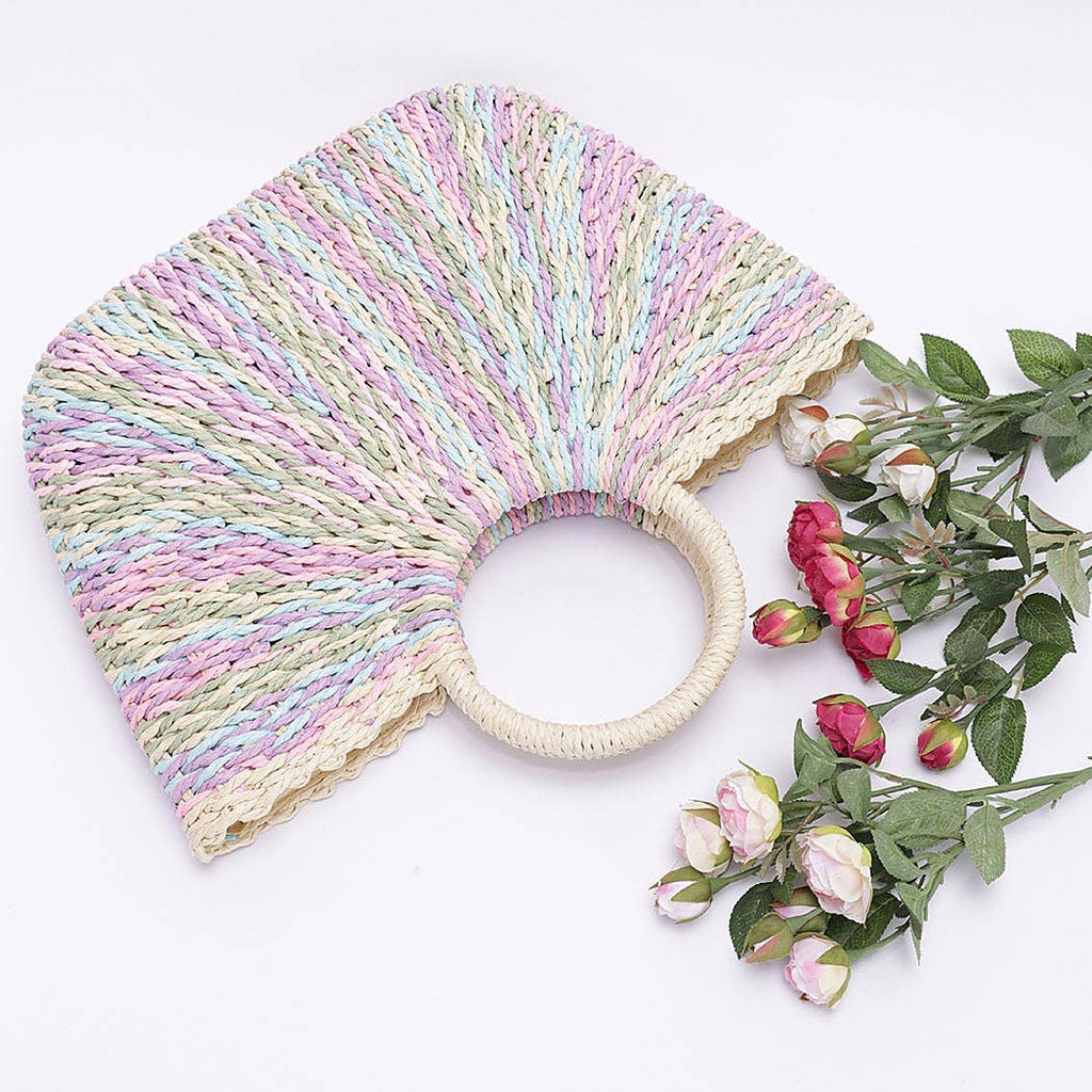 Faux Straw Multi Color Round Handle Tote Bag