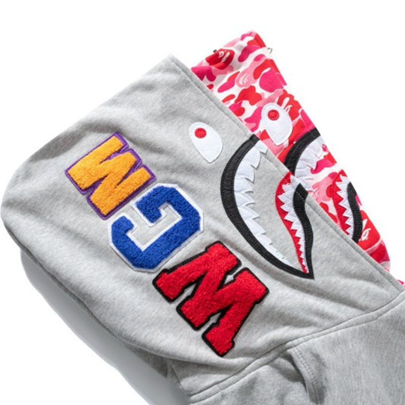 Bathing Ape Hoodie Shark Double Hat Embroidered Zip Sweater Casual Loose Hooded Jacket