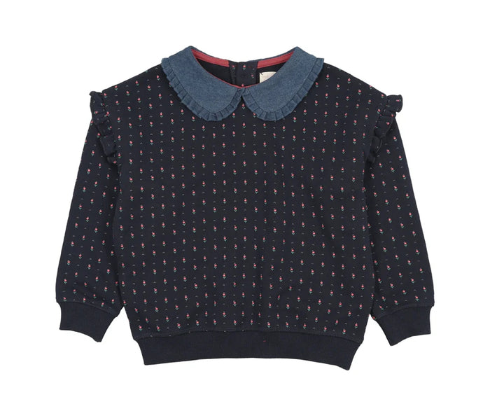 Analogie Navy Print Sweet Campaign Denim Collar Ruffle Sweatshirt