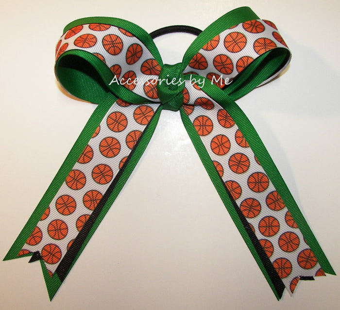 Basketball Green Black Ponytail Holder Bow
