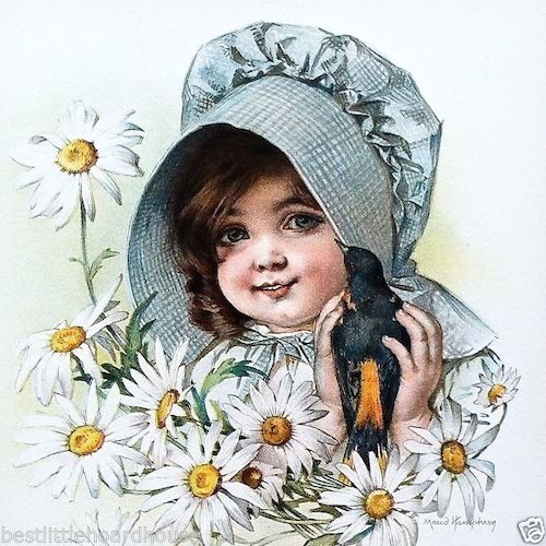 CHILD BIRD & DAISIES Victorian Stone Lithograph Print 1907