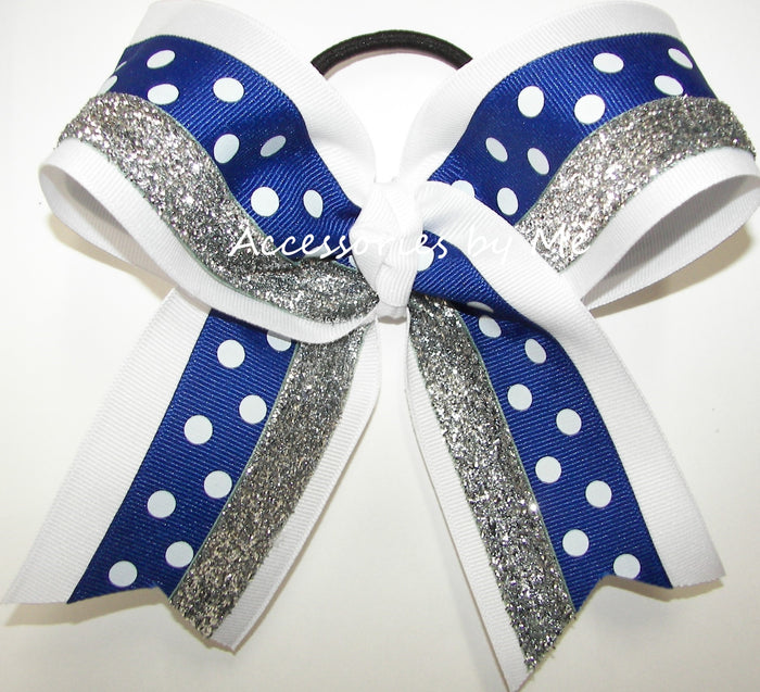 Royal Polka Dots White Silver Glitter Cheer Bow