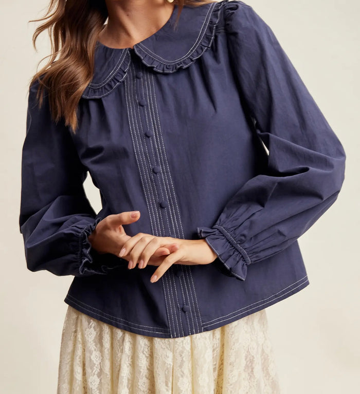 Contrast Stitch Ruffle Collar Blouse - Navy