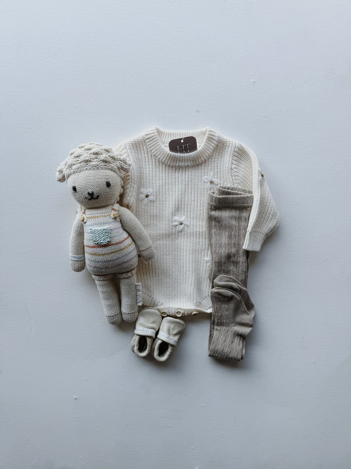 Cotton Knit Sweater Onesie With Embroidered Flowers