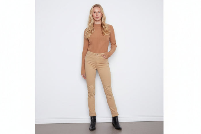 Cuffed Hem Slim 5 Pocket Colored Twill Pants, Latté Charlie B Casual Pant