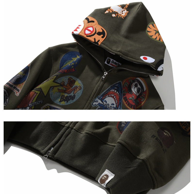 Bathing Ape Hoodie Joint Tiger Head Multi-pattern Printed Shark Hooded Cardigan Zip Sweater Jacket