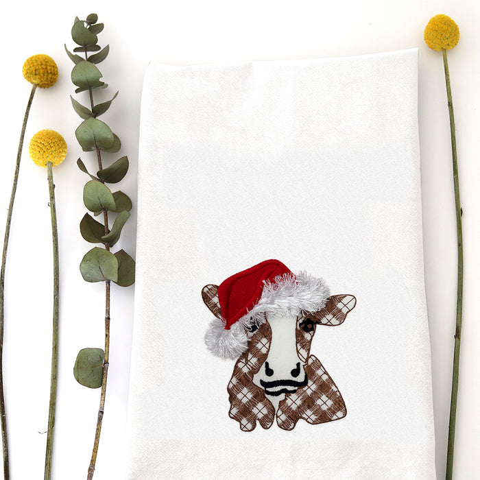 FLUFFY SANTA COW - TEA TOWEL EMB