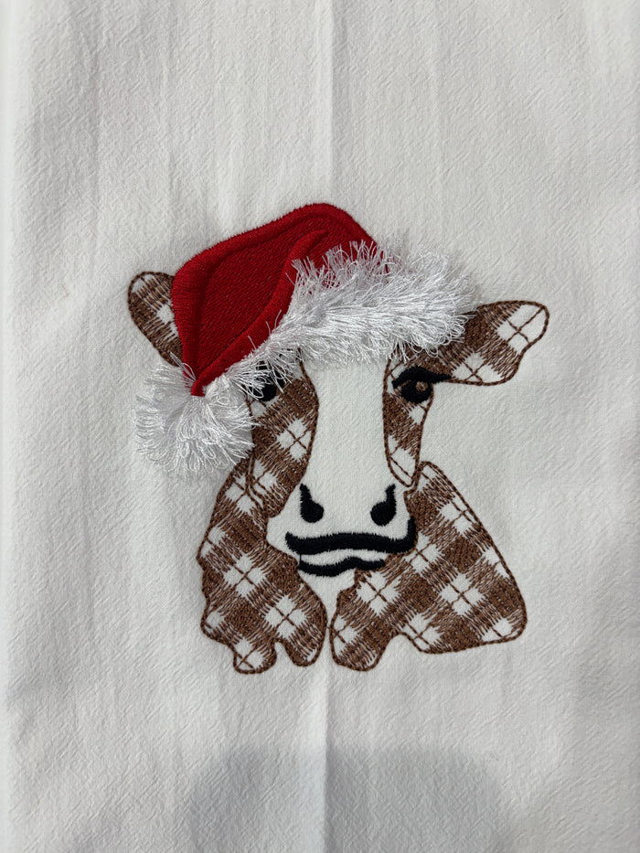FLUFFY SANTA COW - TEA TOWEL EMB