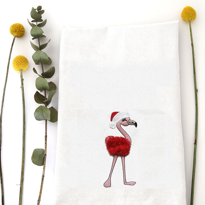 FLUFFY SANTA FLAMINGO - TEA TOWEL EMB