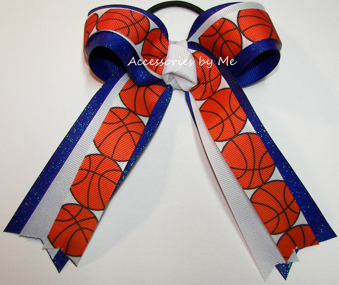 Basketball White Sparkly Royal Blue Bow