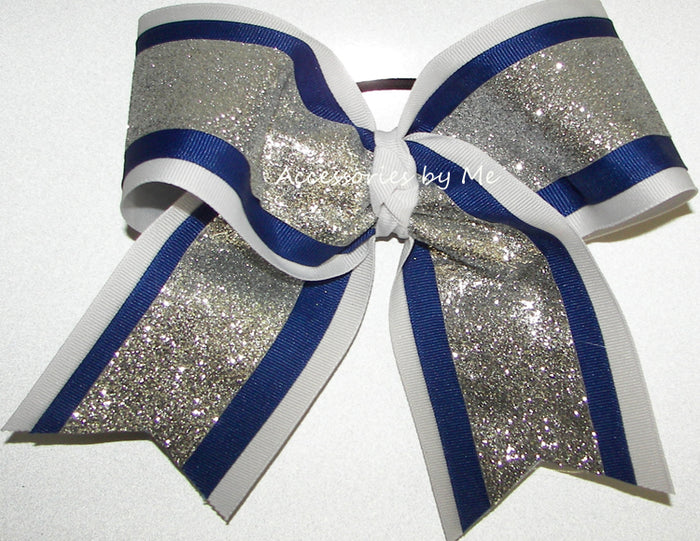 Glitter Silver Royal Blue White Cheer Bow