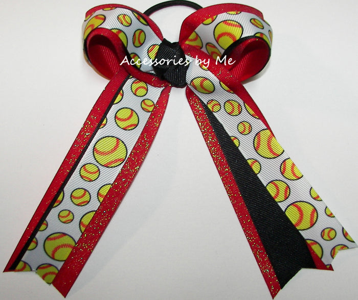 Softball Black Red Glitter Ponytail Hair Bow