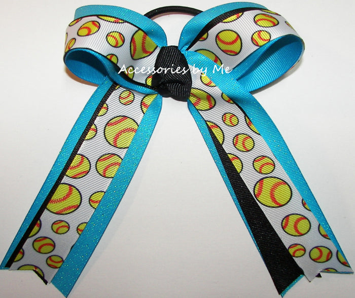 Softball Turquoise Blue Black Ponytail Bow