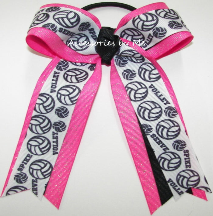 Glitter Volleyball Black Hot Pink Ponytail Bow