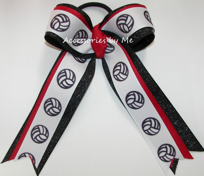 Volleyball Print Solid Red Black Glitter  Ribbon Ponytail Bow