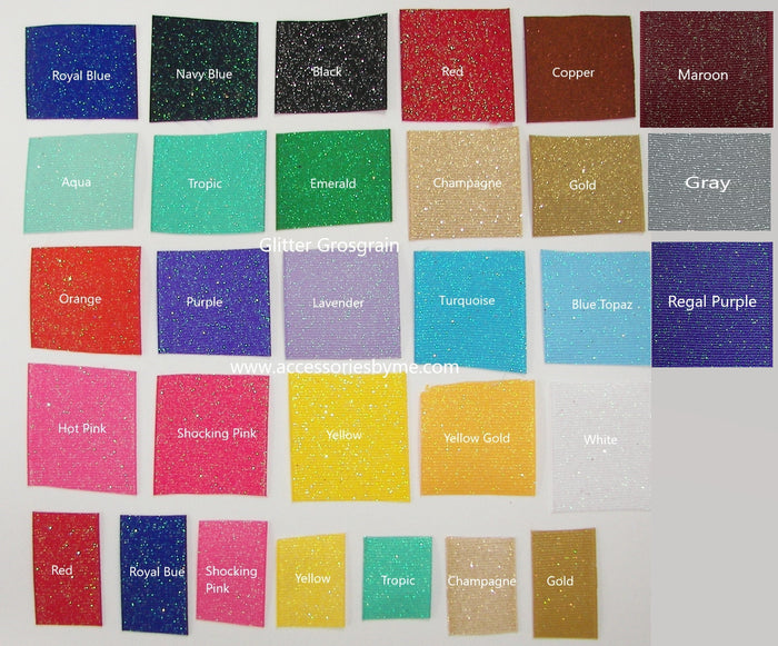 Glitter Ribbon Color swatch chart with various color names on a white background