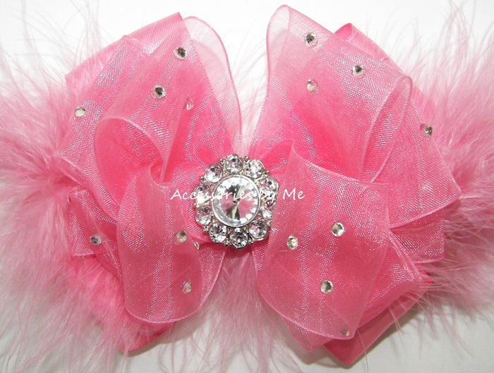Glitzy Coral Pink Organza marabou Hair Bow