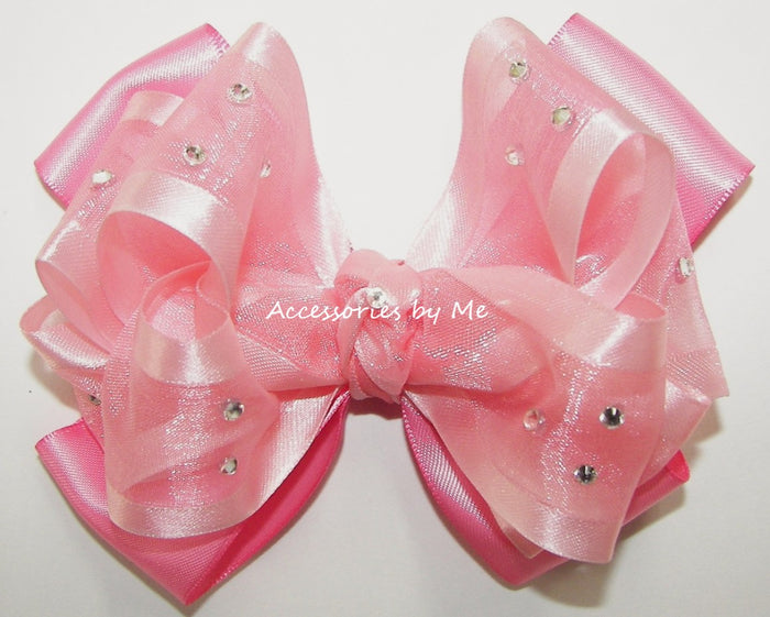 Glitzy Coral Pink Organza satin Hair Bow