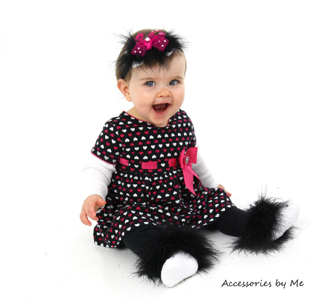 Glitzy Fuchsia Pink Black Marabou Bow Headband