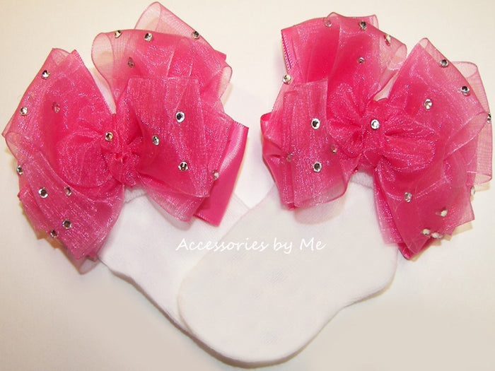 Glitzy Hot Pink Organza Satin Bow Socks