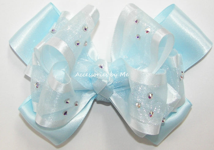 Glitzy Light Blue Organza Satin Hair Bow