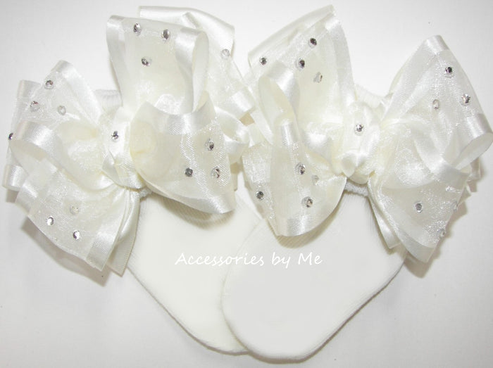 Glitzy Light Ivory Organza Satin Bow Socks