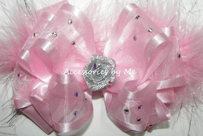 Glitzy Light Pink Organza Marabou AB Rhinestones Hair Bow
