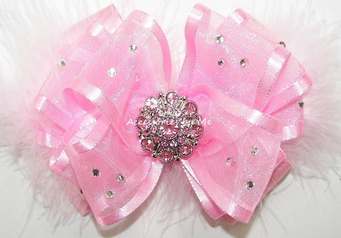 Glitzy Bubblegum Pink Organza Satin Marabou Hair Bow