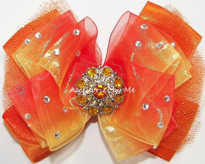 Glitzy Orange Yellow Gold Ombre Tulle Hair Bow