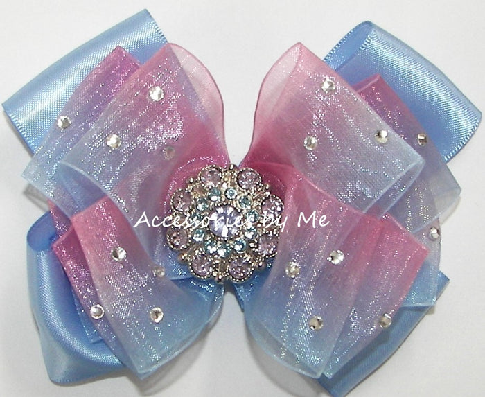 Glitzy Pink and Blue Ombre' Organza Satin Hair Bow