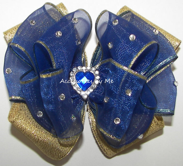 Glitzy Royal Blue Organza Gold Hair Bow