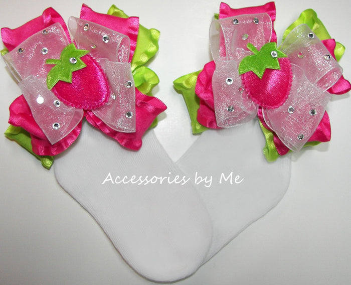 Hot Pink Strawberry Hot Pink Lime Green Ruffle Bow Socks