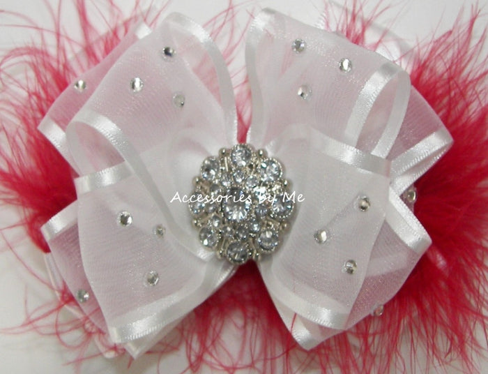 Glitzy White Red Marabou Feathers Hair Bow