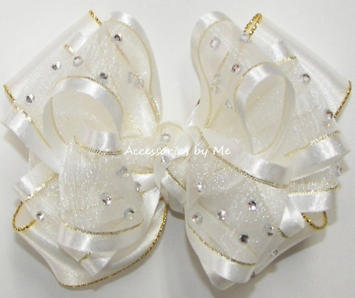 High Glitz White Organza Satin Gold Trim Hair Bow