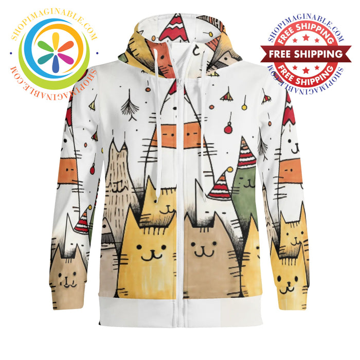 Holiday Cats Full Zip Turtleneck Hoodie Streetwear S