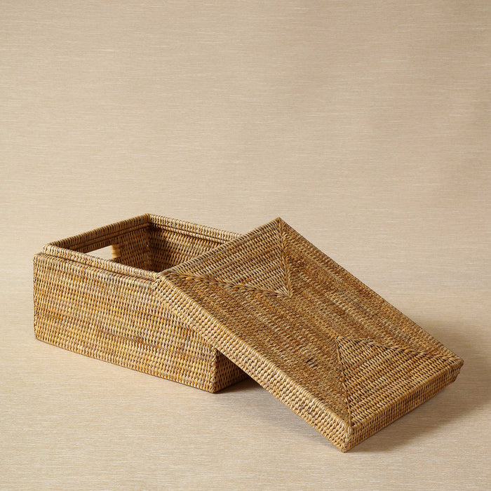 Honey brown rectangular rattan box with cut out