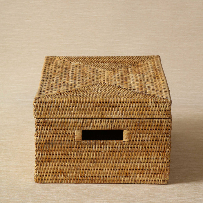 Honey brown rectangular rattan box with cut out