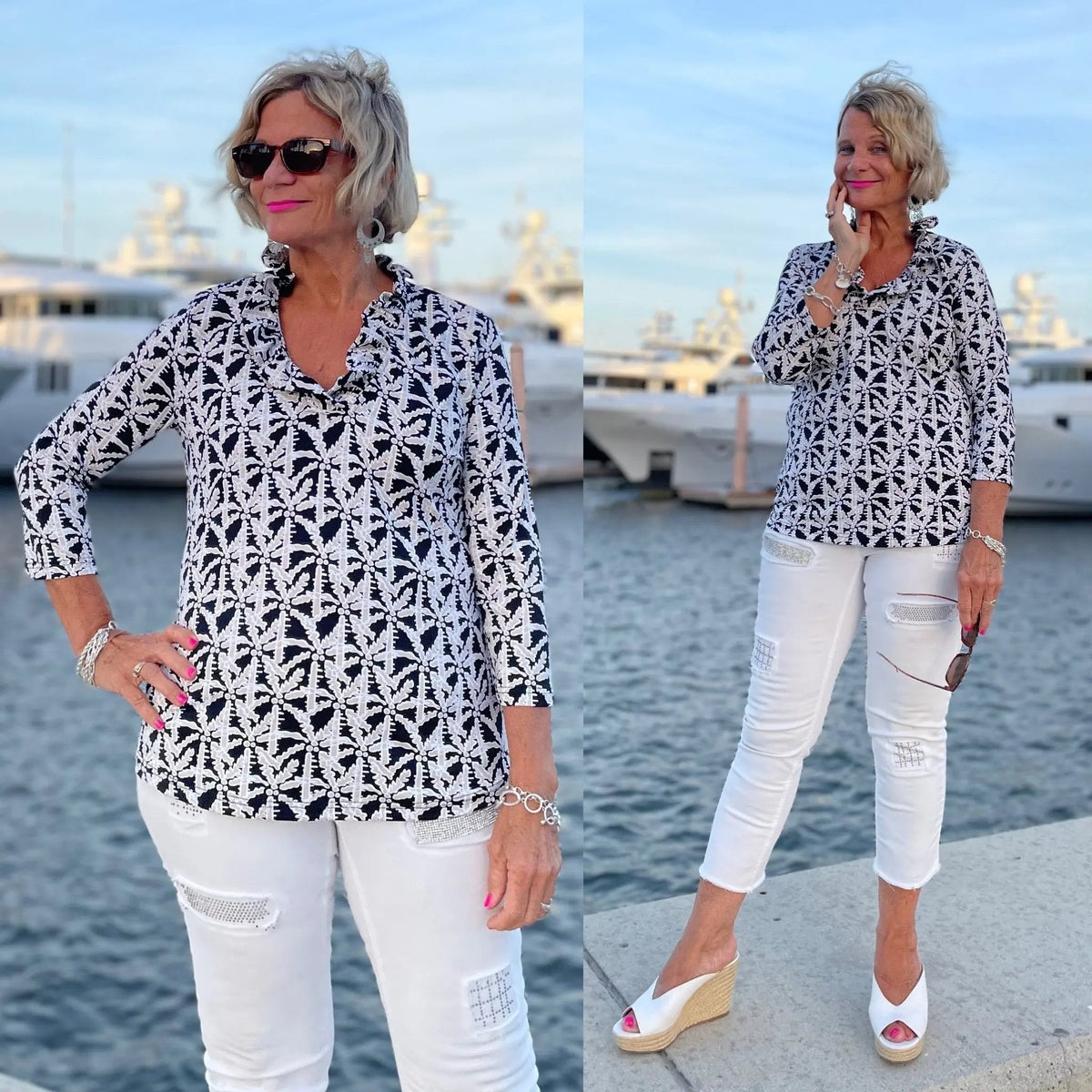 BLACK AND BEIGE 3/25 RUFFLE TOP