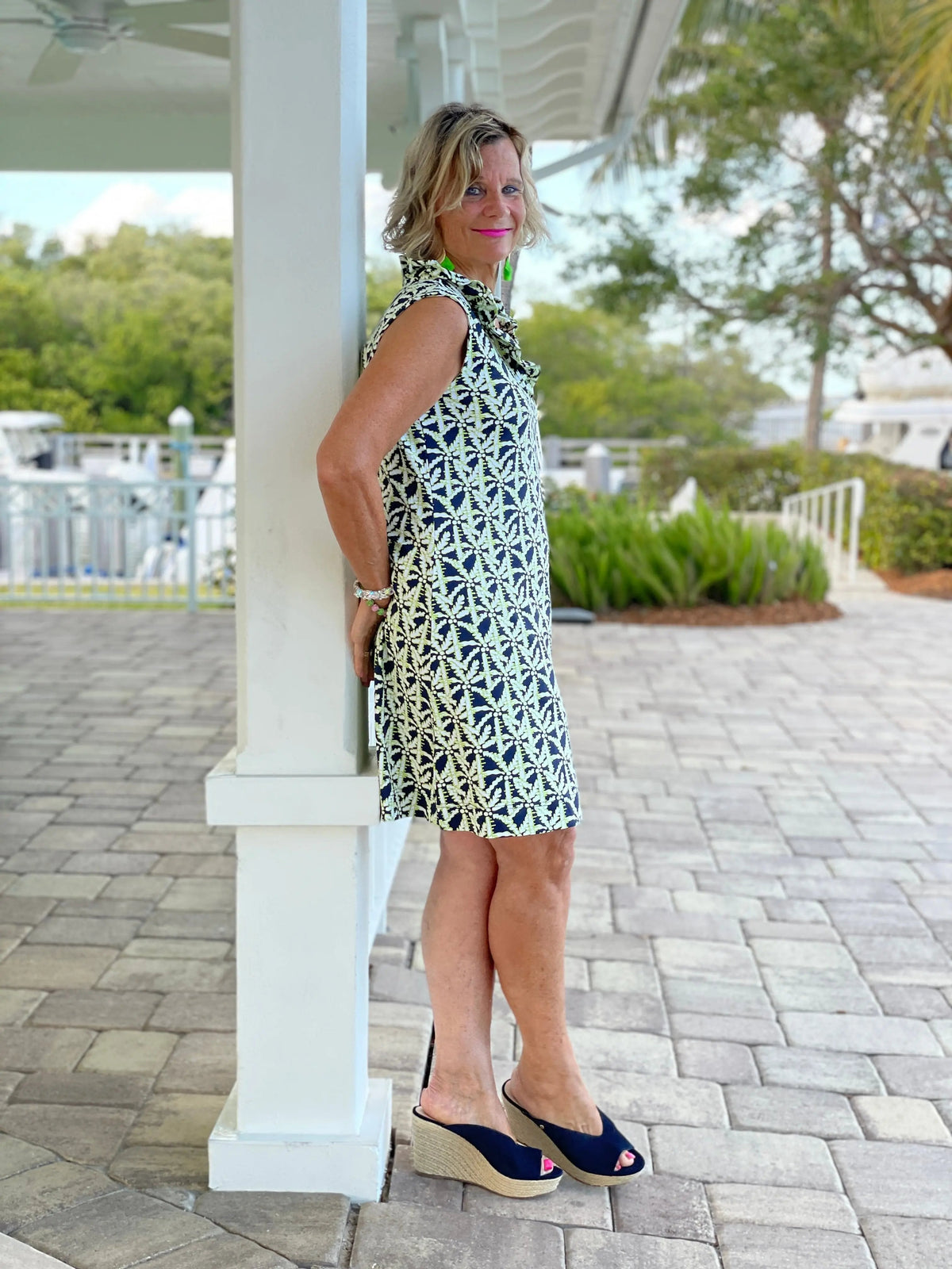 GREEN AND NAVY SLEEVELESS RUFFLE DRESS
