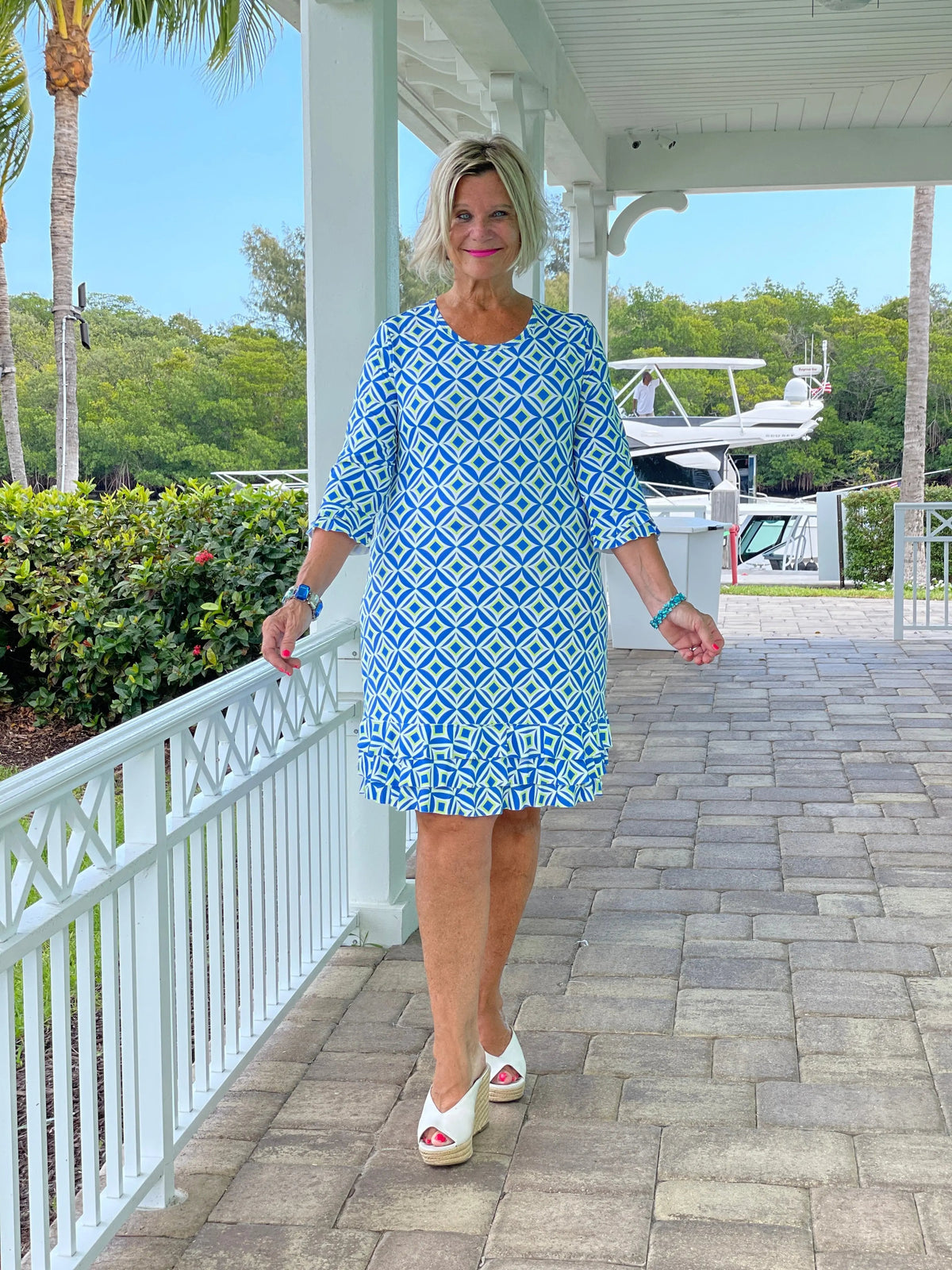 AQUA DIAMOND RUFFLE SLEEVE DRESS