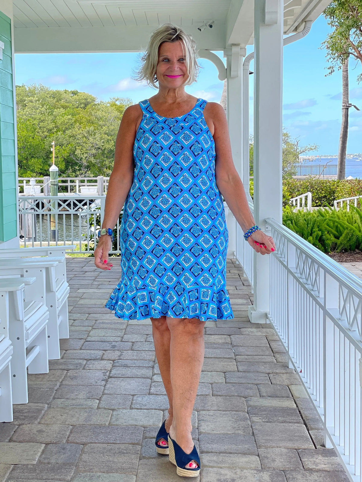 BAHAMA BLUE TURTLE HALTER  RUFFLE DRESS