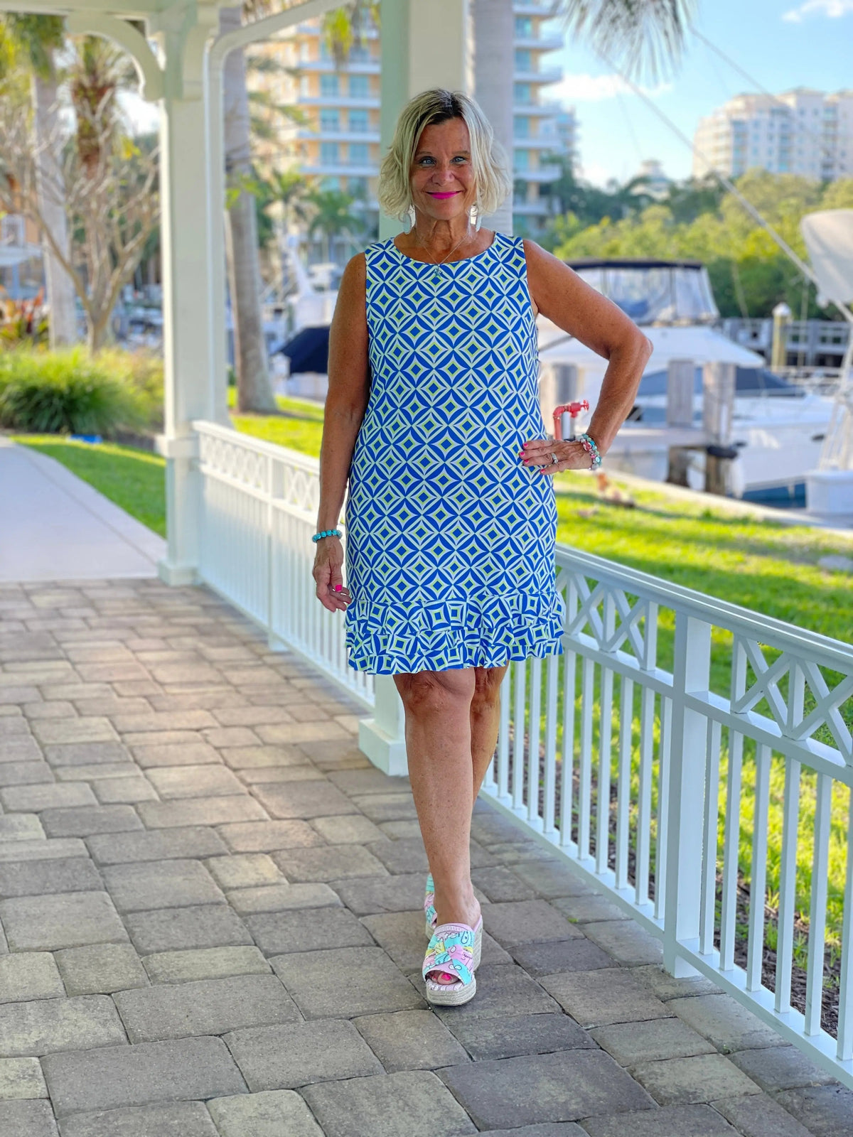 AQUA DIAMONDS SHIFT RUFFLE DRESS